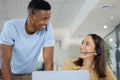 Call center, help and customer service agents in discussion on crm communication in the office. Contact us, headset and Royalty Free Stock Photo