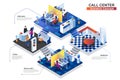 Call center interior isometric concept. Customer support at office scenes