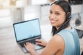 Call center laptop screen, portrait and happy woman in business ecommerce, bank CRM administration or customer support Royalty Free Stock Photo