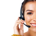 Call center, mockup and half face of woman isolated with communication on call on white background. Telemarketing, crm Royalty Free Stock Photo
