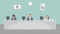 Call center office. Assistants team with headphones sitting at table with monitors.Flat vector illustration. Customer care