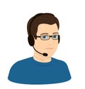 Call center operator boy man with glasses and headphones with microphone - realistic face, portrait Royalty Free Stock Photo