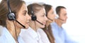 Call center operator in headset while consulting client. Telemarketing or phone sales. Customer service and business Royalty Free Stock Photo