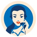 Call center operator with headset poster. Client services and communication, customer support, phone assistance.