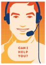 Call center operator with headset poster. Client services and communication, customer support, phone assistance. Royalty Free Stock Photo