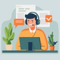 Call center operator with headset. Vector illustration in flat design style. Royalty Free Stock Photo