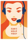 Call center operator with headset poster. Client services and communication, customer support, phone assistance.