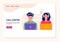 Call center operator landing page for web. Smiling office workers with headsets cartoon characters. Clients assistance Royalty Free Stock Photo