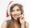 Call center operator. Woman white background portrait. Santa Ch