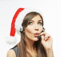 Call center operator. Woman white background portrait. Santa Ch