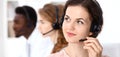 Call center operator.Young beautiful brunette woman in headset. Business concept Royalty Free Stock Photo