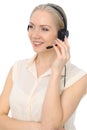 Call center operator or young beautiful business woman in headset isolated over white background Royalty Free Stock Photo