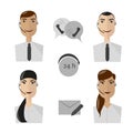 Call center operators, female and male avatar icons.