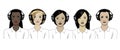 Call center operators. Hotline workers with headphones, customer service and communication vector Royalty Free Stock Photo