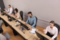 Call center operators working in modern office, above view Royalty Free Stock Photo