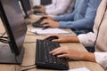 Call center operators working in office, closeup Royalty Free Stock Photo