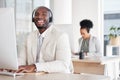 Call center, portrait and black man consulting for crm, telemarketing and customer service with a smile. Happy, face and Royalty Free Stock Photo