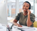 Call center, portrait or happy black woman in office consulting for contact us, crm or faq support. Customer service Royalty Free Stock Photo