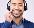 Call center portrait of happy man isolated on a white background in headset for telecom or global support. Face of