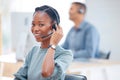Call center portrait, headset or black woman in communication at telecom customer services. Microphone, smile or happy