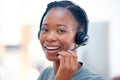 Call center portrait, headset or happy black woman in communication at telecom customer services. Mic, smile or friendly