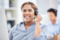 Call center, portrait and woman smile for customer service, telemarketing or support. Face, contact us and African sales