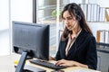 Call center, Service desk consultant talking on hands-free phone, Call center business woman talking on headset, female in Royalty Free Stock Photo