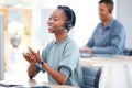 Call center, smile or friendly black woman in communication at telecom customer services office. Microphone, crm or Royalty Free Stock Photo