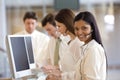 Call center with smiling woman