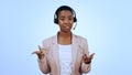 Call center, studio or portrait of black woman in communication, speaking or talking. Blue background, virtual assistant