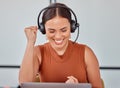 Call center, success and happy woman with laptop in office celebration for good news, review or sale target Royalty Free Stock Photo