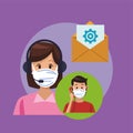 Call center support female worker wearing medical mask