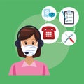 Call center support female worker wearing medical mask