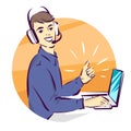 Call center support illustration, man in handsfree headphones working on laptop and showing thumb up