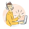 Call center support, illustration, man in handsfree headphones working on laptop and showing thumb up