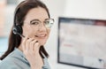 Call center, telemarketing, and customer service operator woman with headset looking happy inside an crm office. Face of