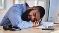 Call center, tired business man and sleeping at desk with burnout, fatigue and low energy in telemarketing office. Lazy Royalty Free Stock Photo