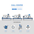 Call center user support office banner flat line art vector icon