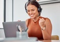 Call center, winner and happy woman with laptop in office celebration for good news, review or sale target Royalty Free Stock Photo