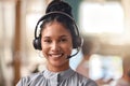 Call center woman, happy and portrait in contact us, CRM and headset with mic on mockup space. Customer service