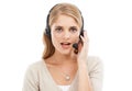 Call center, woman and portrait in studio for contact, customer service and FAQ questions on white background