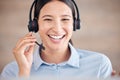 Call center, woman and smile for online customer service, CRM contact or telemarketing advice. Happy telecom consultant Royalty Free Stock Photo