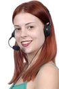 Young adult female call center woman telephone headset, vertical, side view, white background Royalty Free Stock Photo