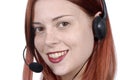 Close up of young adult female call center woman, telephone headset, smiling, white background Royalty Free Stock Photo