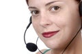 Close up young adult call center woman customer service telephone headset, white background Royalty Free Stock Photo
