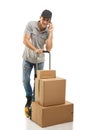 During a call - Courier hand truck boxes and packages Royalty Free Stock Photo