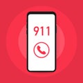 Call 911, emergency call concept. Hand holding smartphone, finger touching call button. Vector illustration. Royalty Free Stock Photo