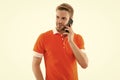Call friend. Call center. How can I help you. Man casual style phone conversation white background. Man use mobile phone