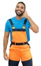 Call a hispanic construction worker with orange protective gear Royalty Free Stock Photo