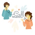 Call mom illustration. Mother and daughter talking on mobile phone Royalty Free Stock Photo